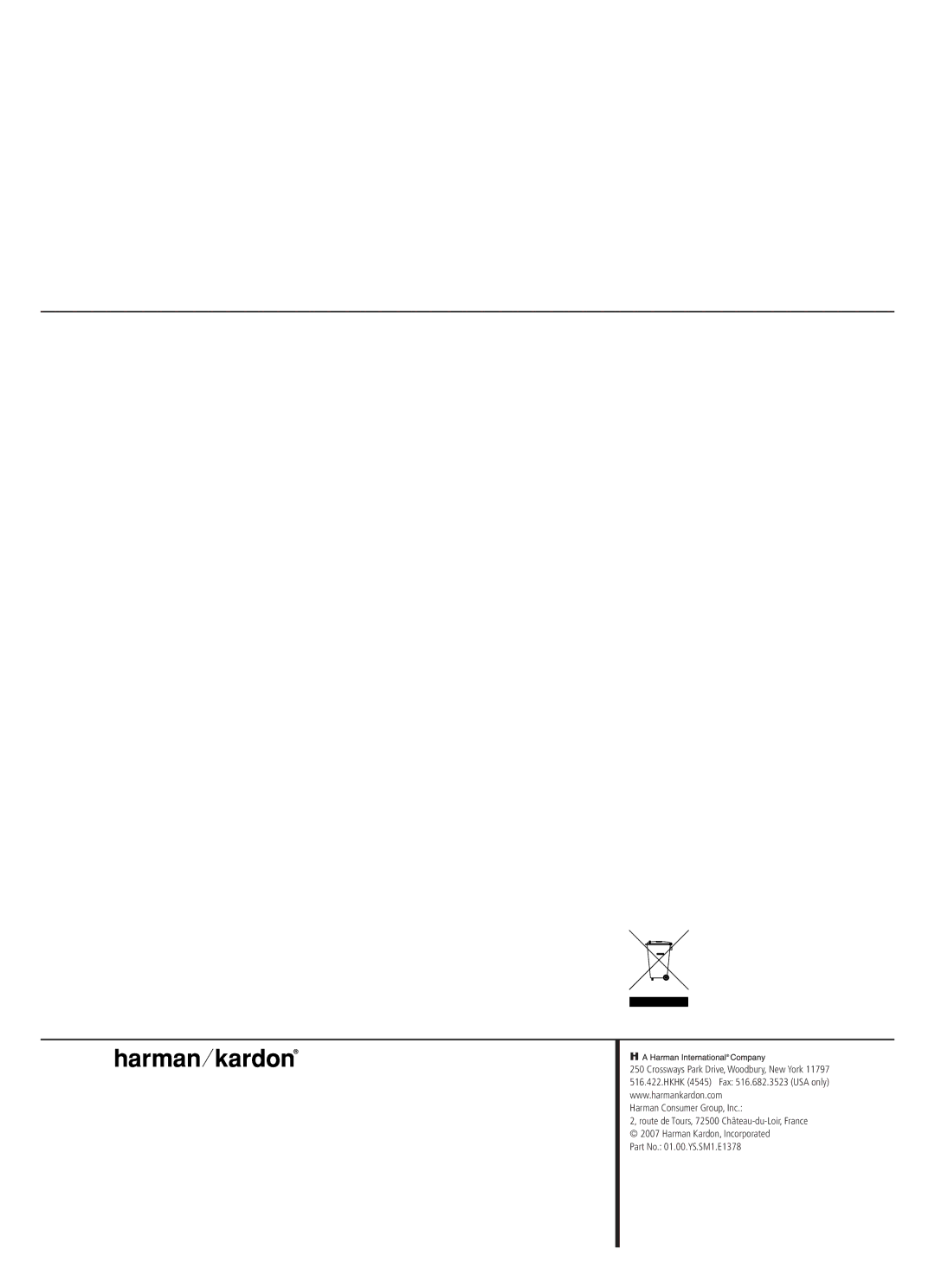 Harman-Kardon HS 250 owner manual Harman Consumer Group, Inc 