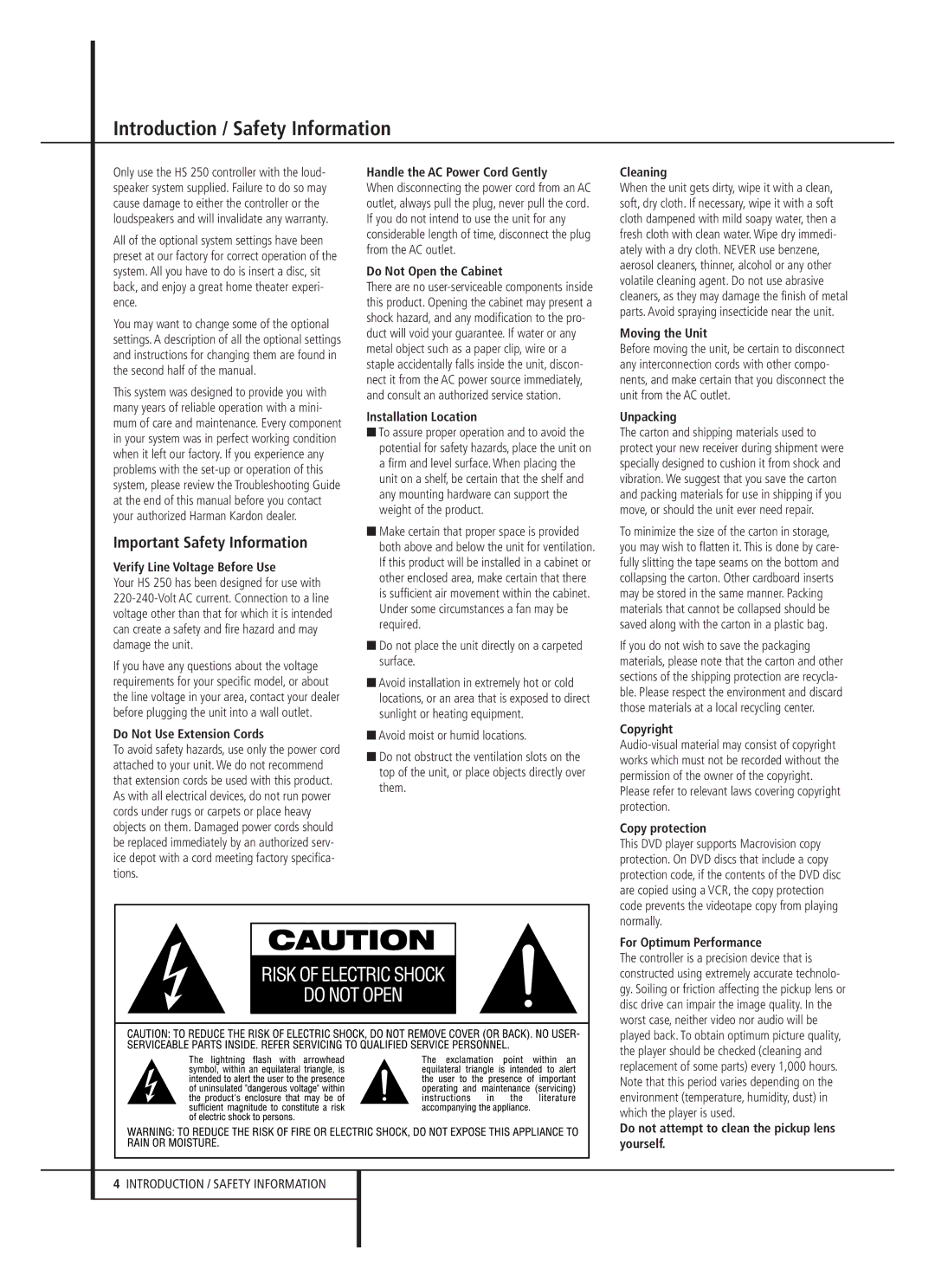 Harman-Kardon HS 250 owner manual Introduction / Safety Information, Important Safety Information 