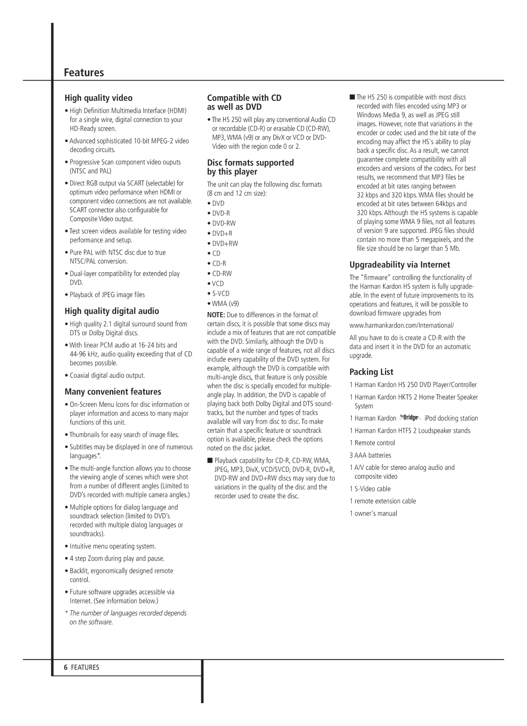 Harman-Kardon HS 250 owner manual Features 