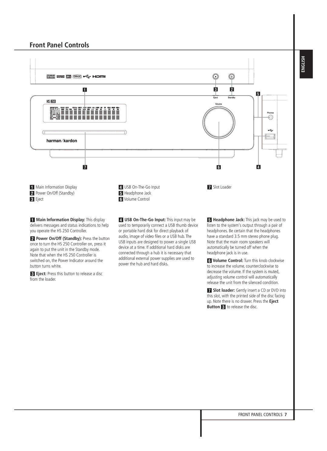 Harman-Kardon HS 250 owner manual Front Panel Controls,  Main Information Display USB On-The-Go Input 