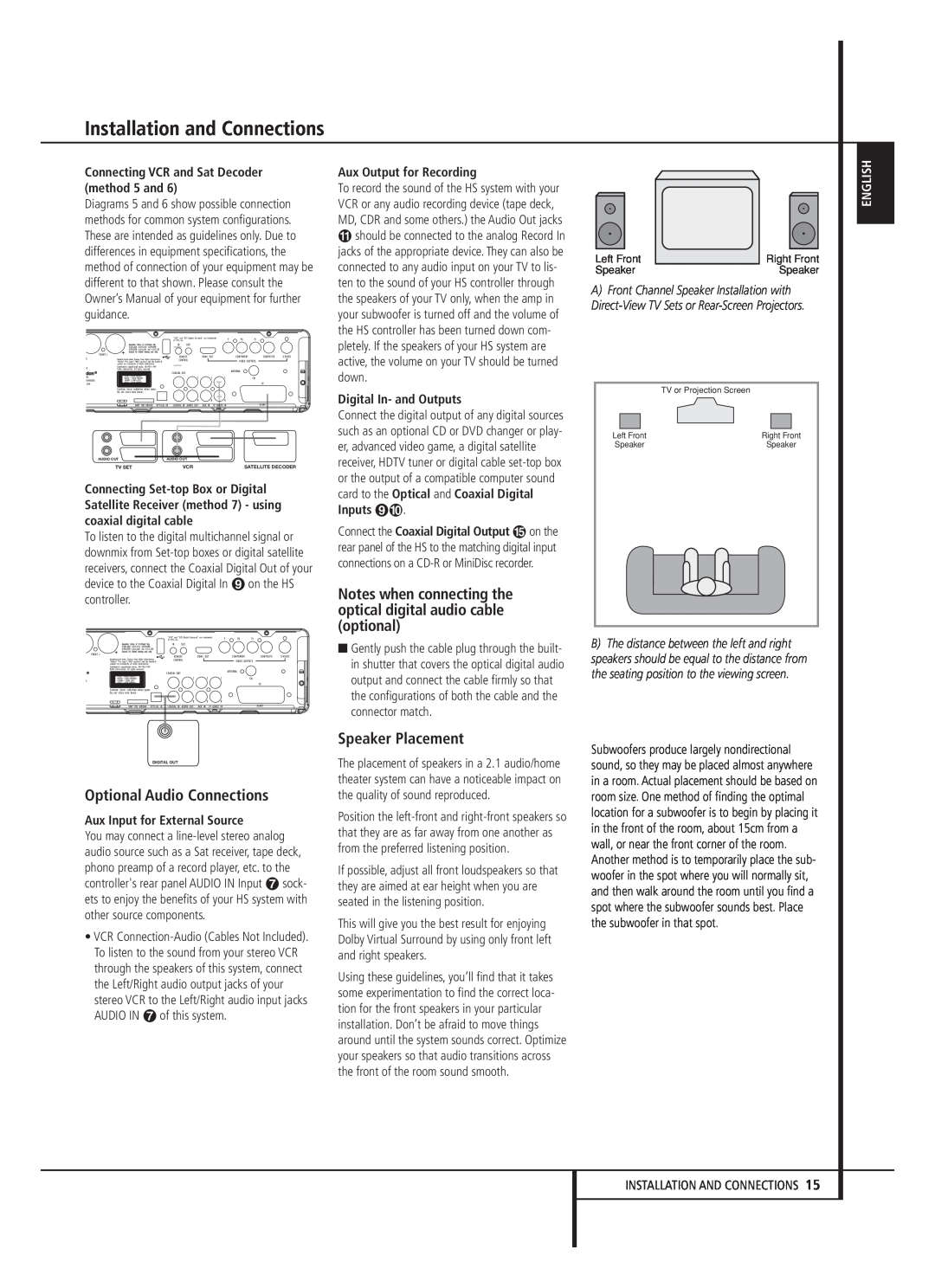 Harman-Kardon HS 250 owner manual Optional Audio Connections, Speaker Placement, Installation and Connections, English 