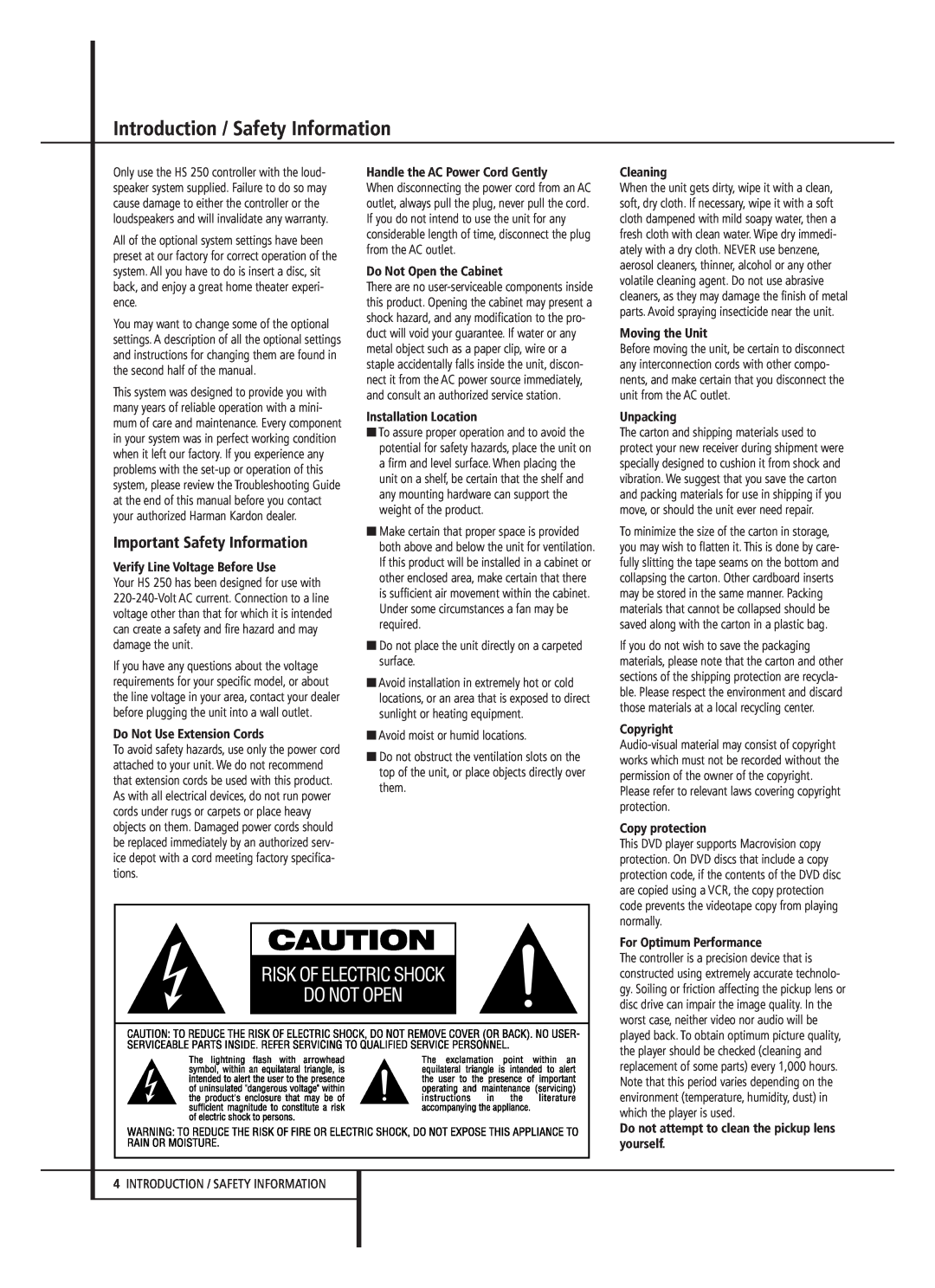 Harman-Kardon HS 250 owner manual Introduction / Safety Information, Important Safety Information 