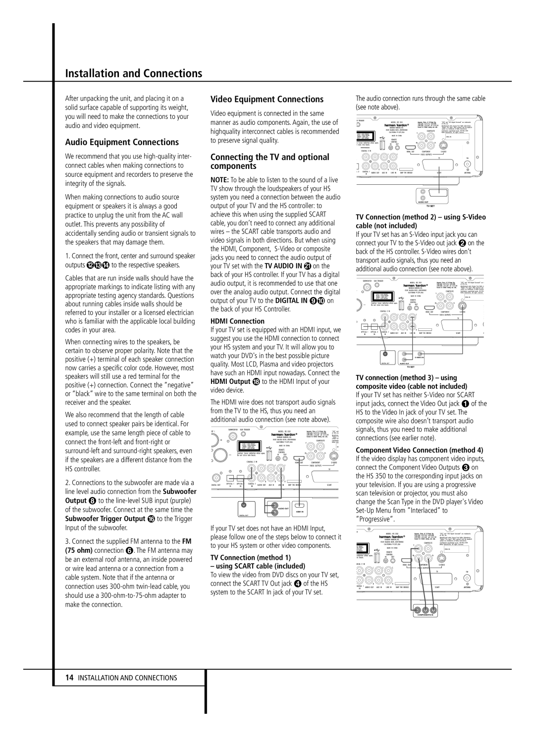 Harman-Kardon HS 350 owner manual Installation and Connections, Audio Equipment Connections, Video Equipment Connections 