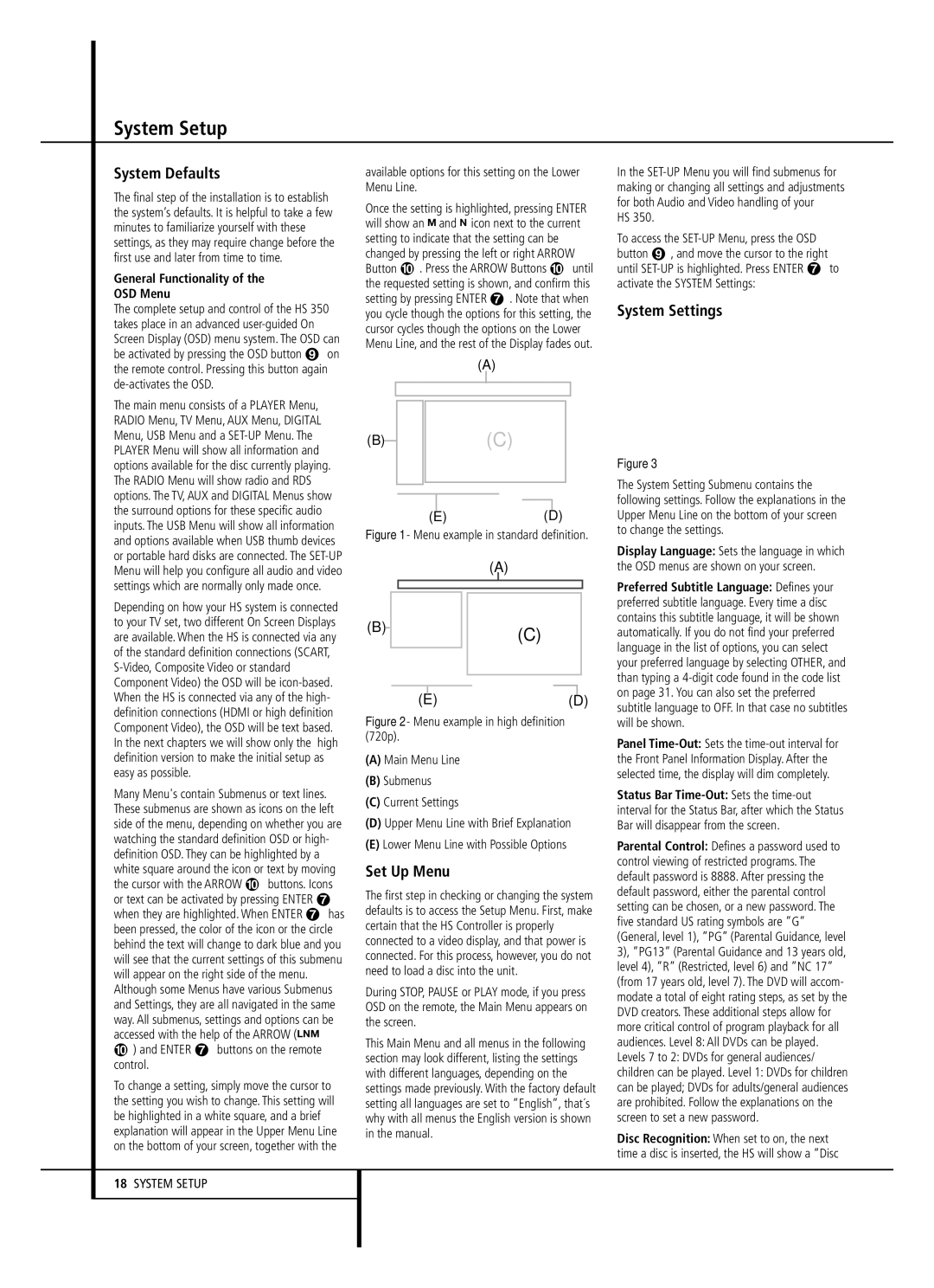 Harman-Kardon HS 350 System Setup, System Defaults, Set Up Menu, System Settings, General Functionality OSD Menu 