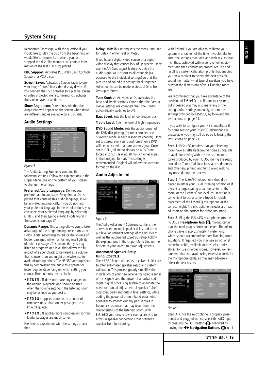 Harman-Kardon HS 350 owner manual Audio Settings, Audio Adjustment, Feel free to experiment with the settings at any time 