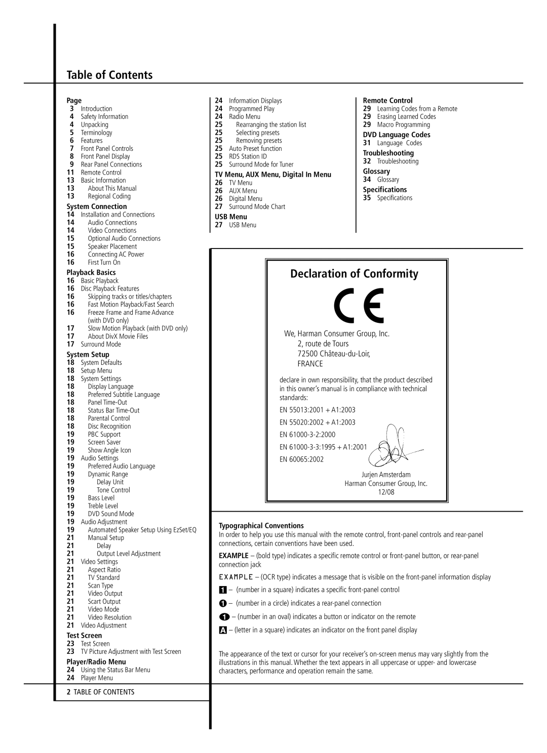 Harman-Kardon HS 350 owner manual Table of Contents, Declaration of Conformity 