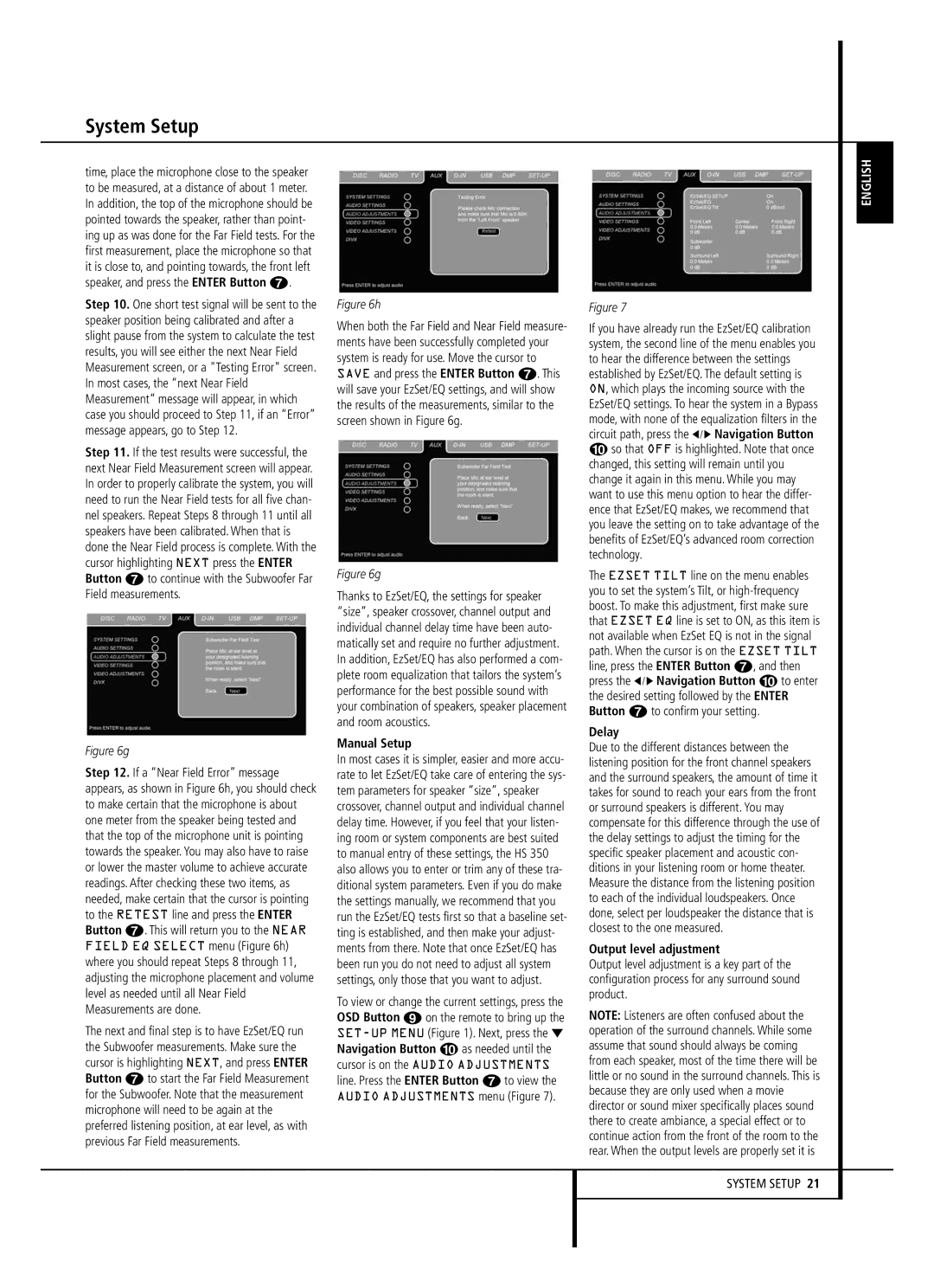 Harman-Kardon HS 350 owner manual Manual Setup, Delay, Output level adjustment 