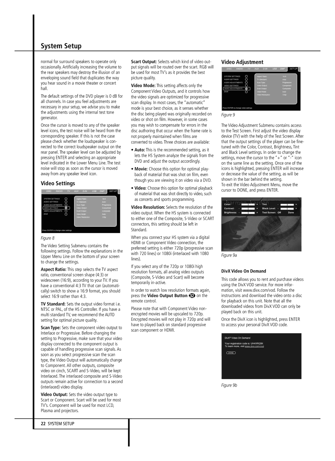 Harman-Kardon HS 350 owner manual Video Settings, Video Adjustment, Press the Video Output Button on the remote control 