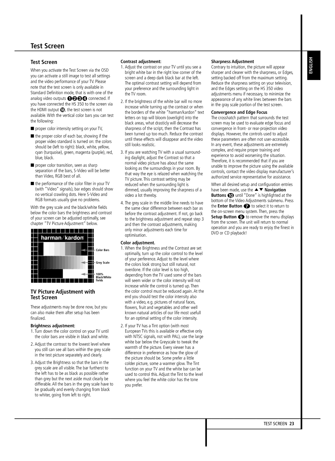 Harman-Kardon HS 350 owner manual TV Picture Adjustment with Test Screen 