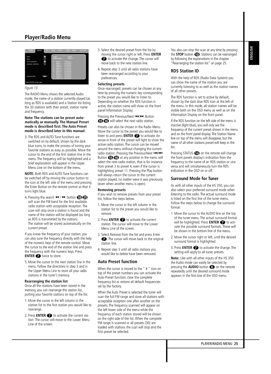 Harman-Kardon HS 350 owner manual Auto Preset function, RDS Station ID, Surround Mode for Tuner 