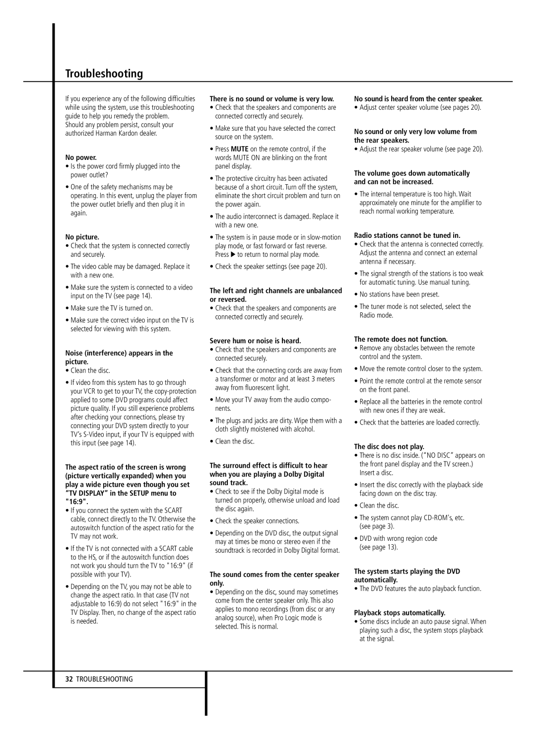 Harman-Kardon HS 350 owner manual Troubleshooting 