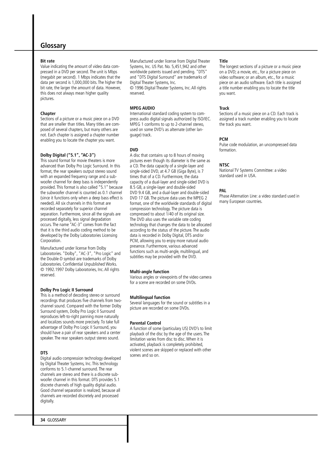 Harman-Kardon HS 350 owner manual Glossary 