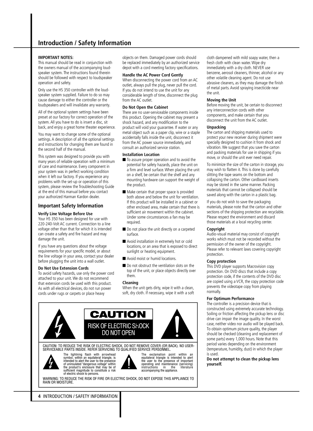 Harman-Kardon HS 350 owner manual Introduction / Safety Information, Important Safety Information 