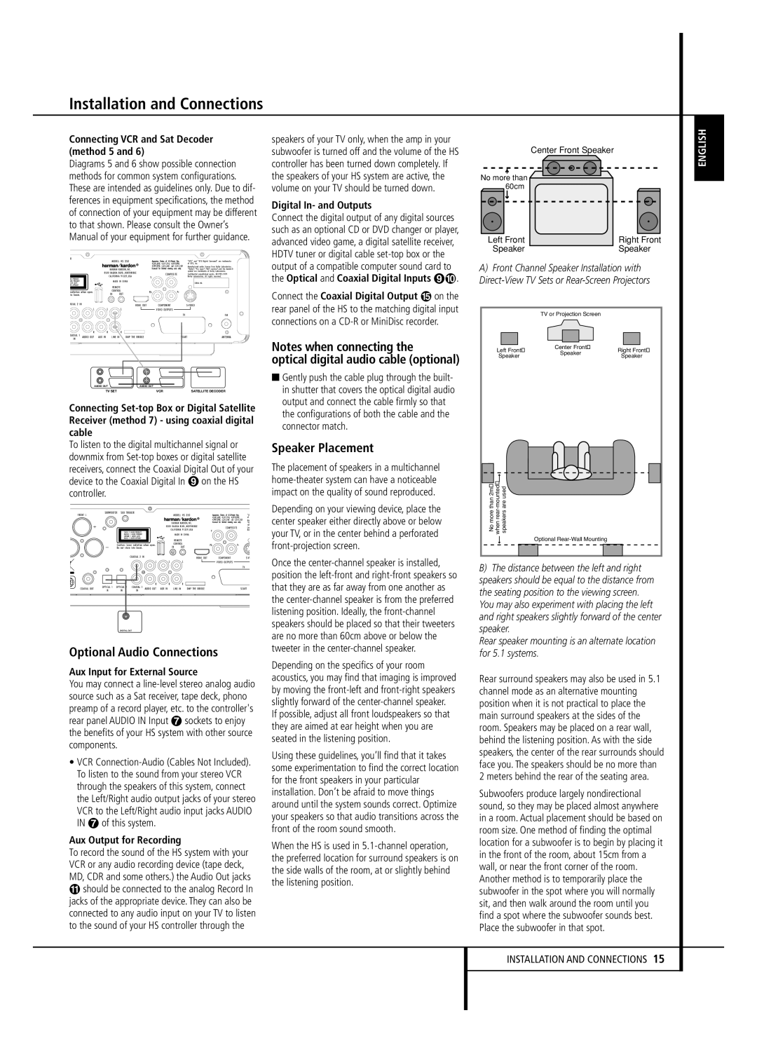 Harman-Kardon HS 350 owner manual Optional Audio Connections, Notes when connecting the, Speaker Placement, English 