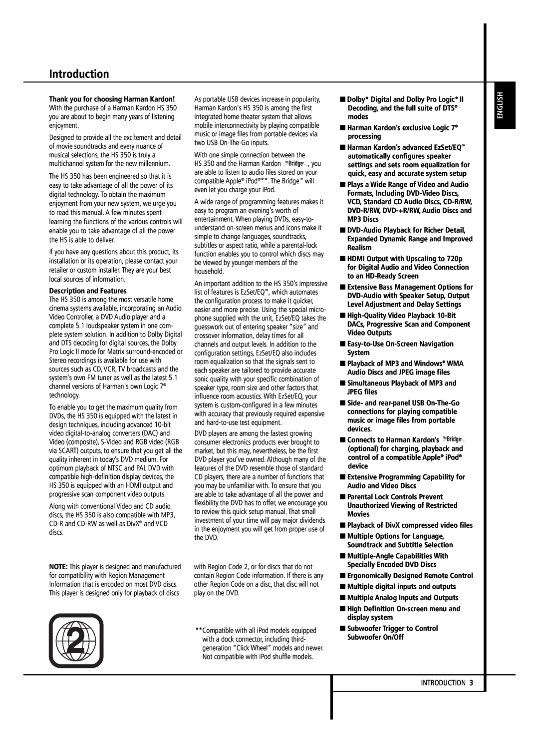 Harman-Kardon HS 350 owner manual Introduction, English 