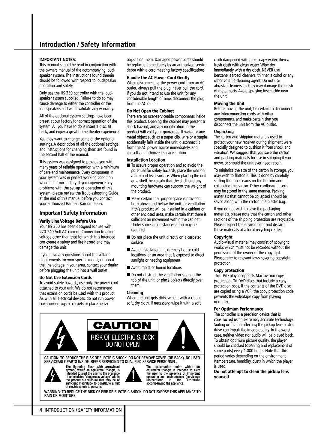 Harman-Kardon HS 350 owner manual Introduction / Safety Information, Important Safety Information 