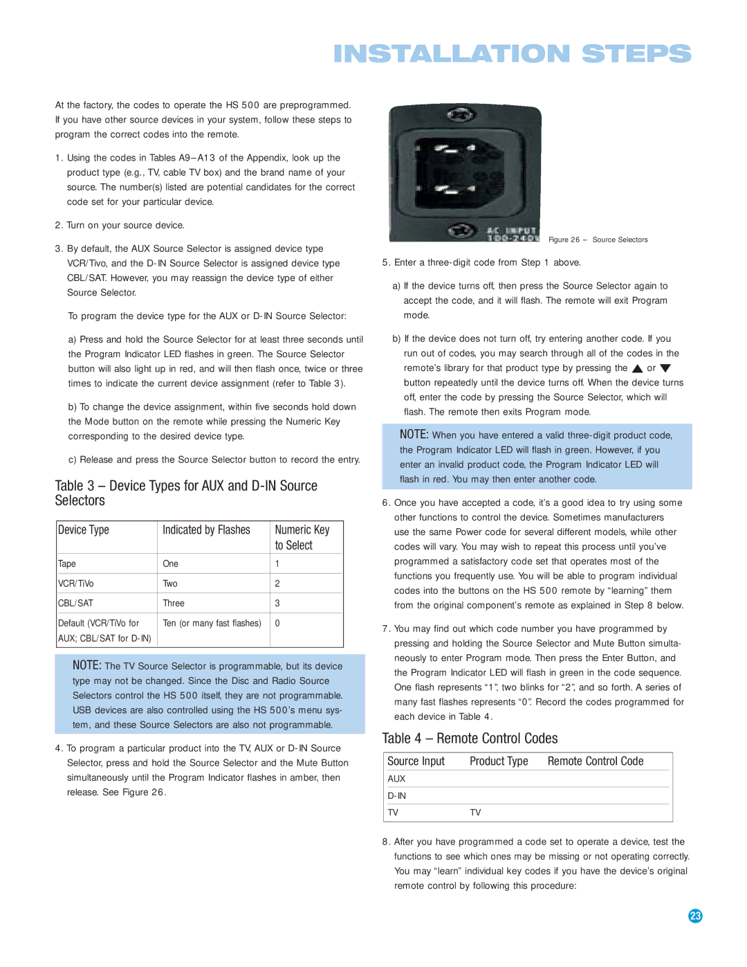 Harman-Kardon HS 500 owner manual Installation Steps, Device Types for AUX and D-IN Source Selectors, Remote Control Codes 