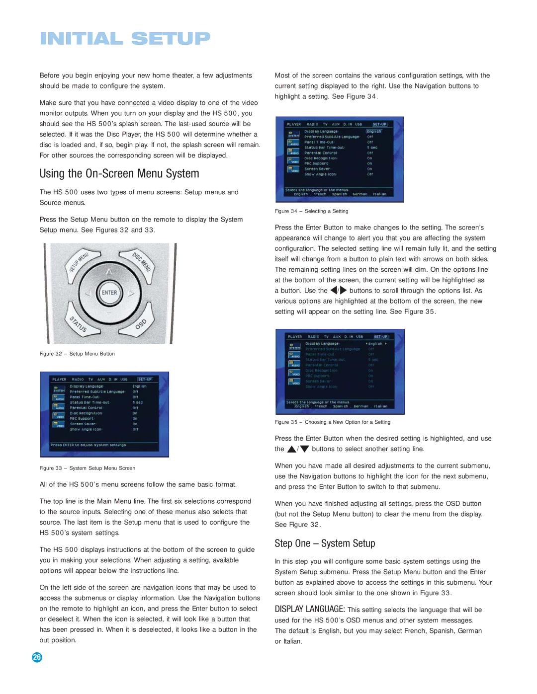 Harman-Kardon HS 500 owner manual Initial Setup, Using the On-Screen Menu System, Step One System Setup 