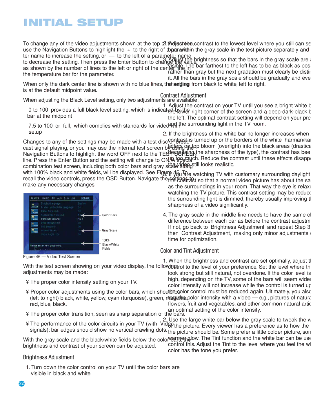 Harman-Kardon HS 500 owner manual Brightness Adjustment, Contrast Adjustment, Color and Tint Adjustment 