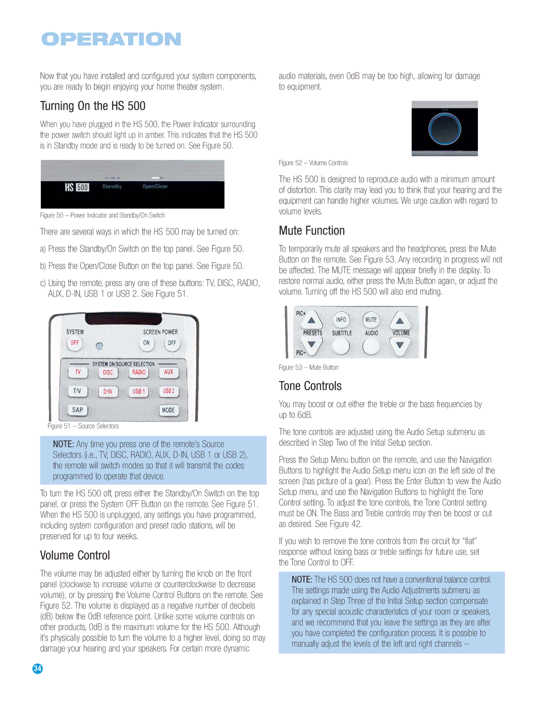 Harman-Kardon HS 500 owner manual Operation, Turning On the HS, Mute Function, Volume Control, Tone Controls 