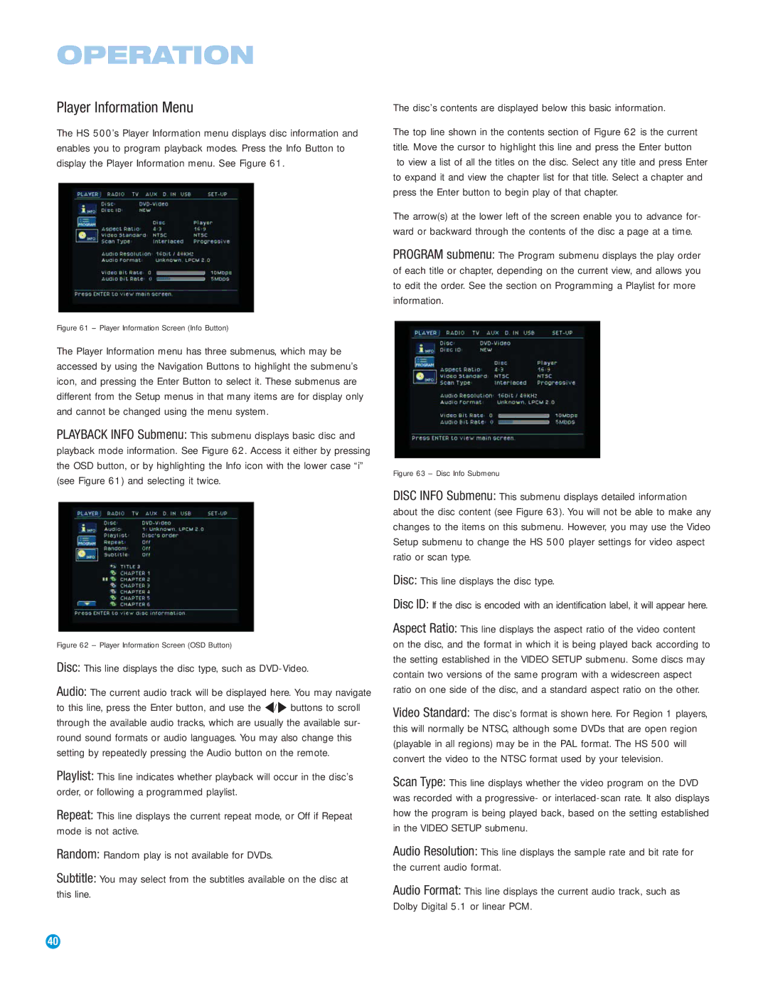 Harman-Kardon HS 500 owner manual Player Information Menu, Disc This line displays the disc type 