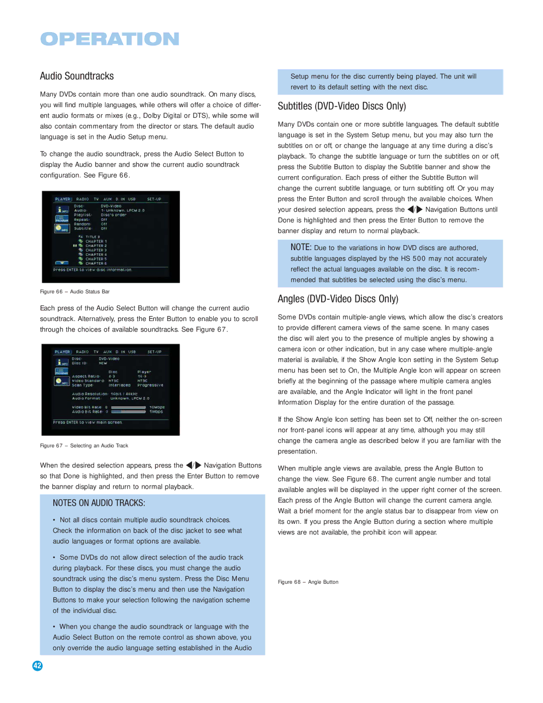 Harman-Kardon HS 500 owner manual Audio Soundtracks, Subtitles DVD-Video Discs Only, Angles DVD-Video Discs Only 