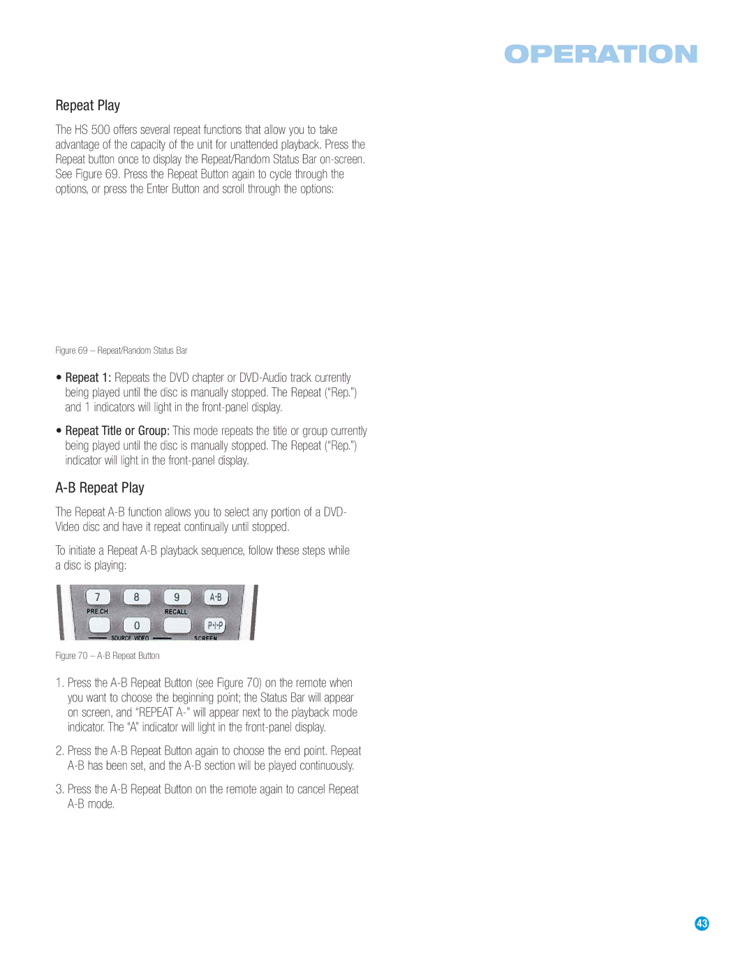 Harman-Kardon HS 500 owner manual Repeat Play, B Repeat Button 