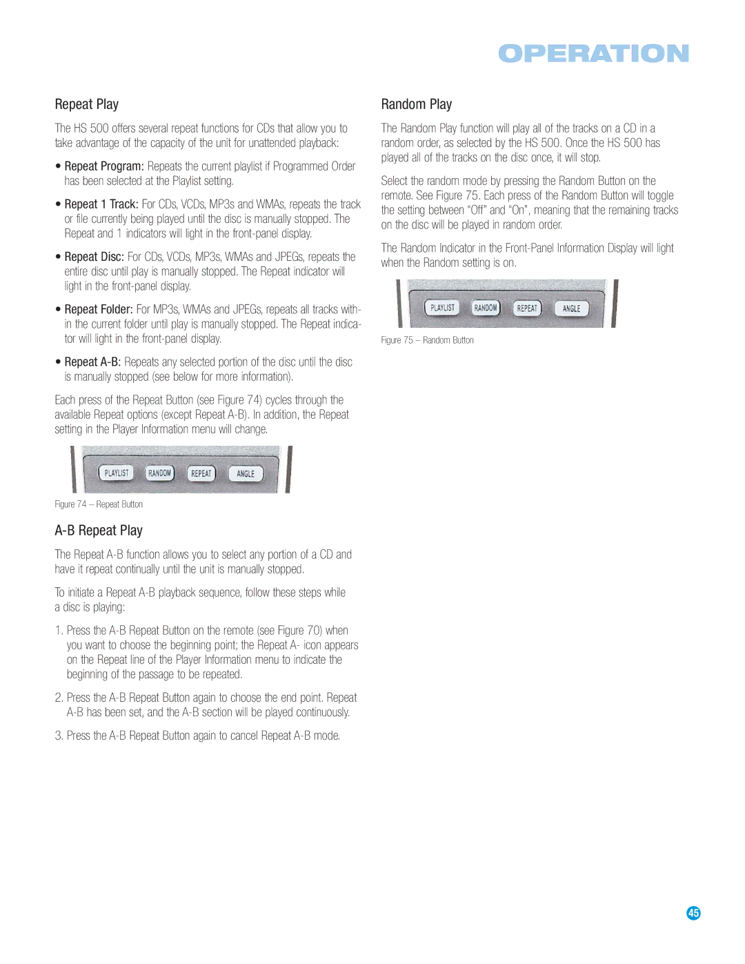 Harman-Kardon HS 500 owner manual Press the A-B Repeat Button again to cancel Repeat A-B mode, Random Play 