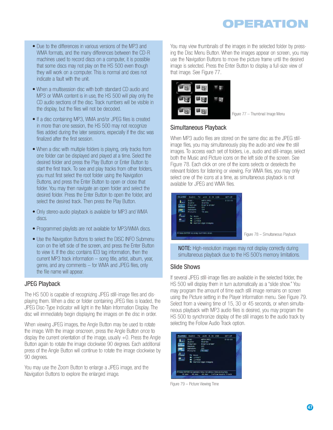 Harman-Kardon HS 500 owner manual Jpeg Playback, Simultaneous Playback, Slide Shows 