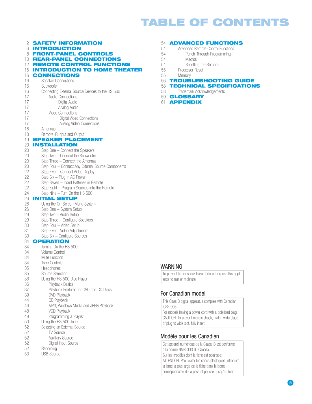 Harman-Kardon HS 500 owner manual Table of Contents 