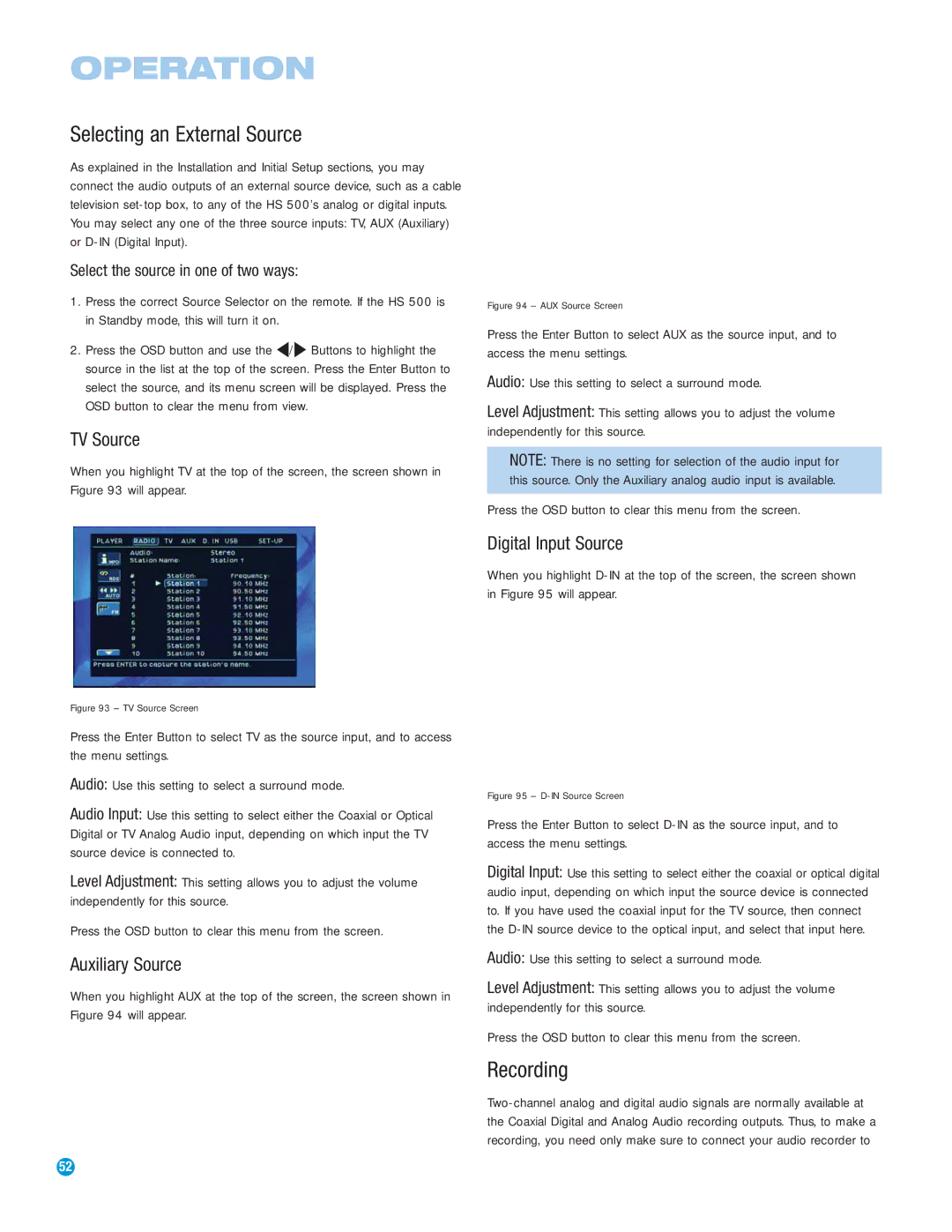 Harman-Kardon HS 500 Selecting an External Source, Recording, TV Source, Auxiliary Source, Digital Input Source 