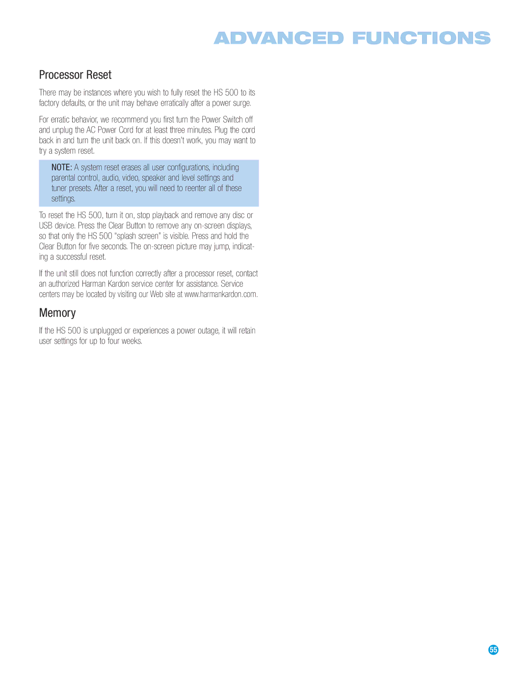 Harman-Kardon HS 500 owner manual Processor Reset, Memory 