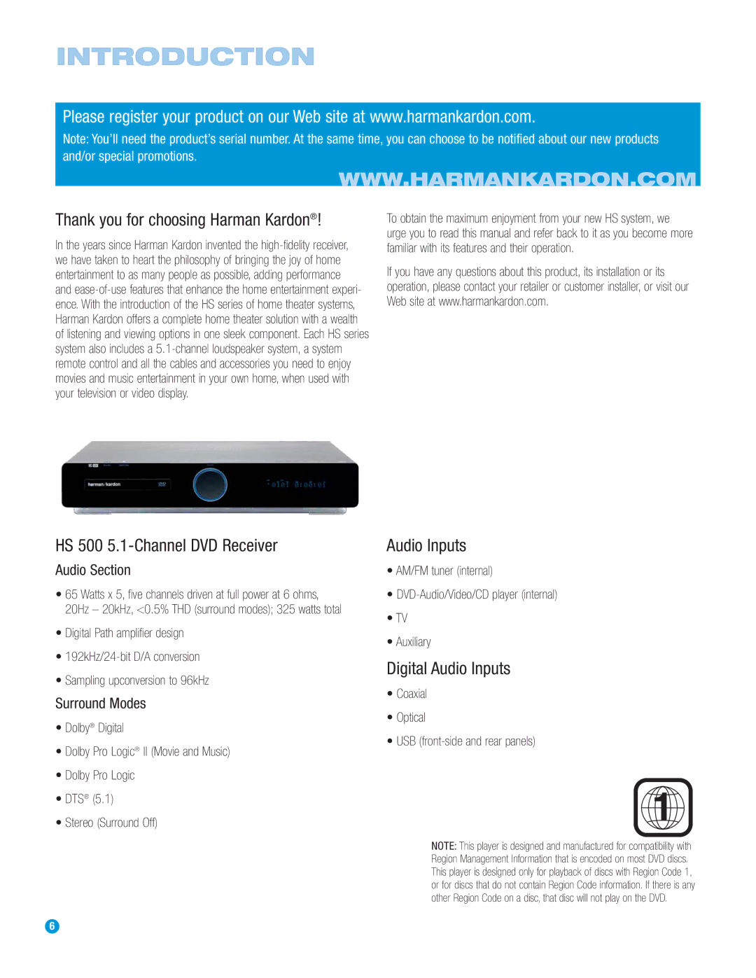 Harman-Kardon Introduction, Thank you for choosing Harman Kardon, HS 500 5.1-Channel DVD Receiver Audio Inputs 
