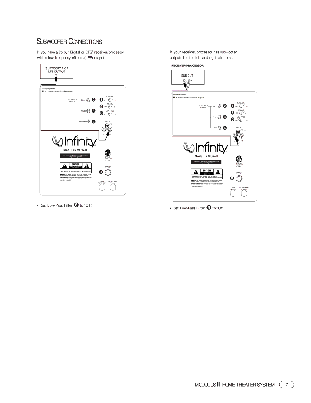 Harman-Kardon II manual Subwoofer Connections, Set Low-Pass Filter § to Off, Set Low-Pass Filter § to On 