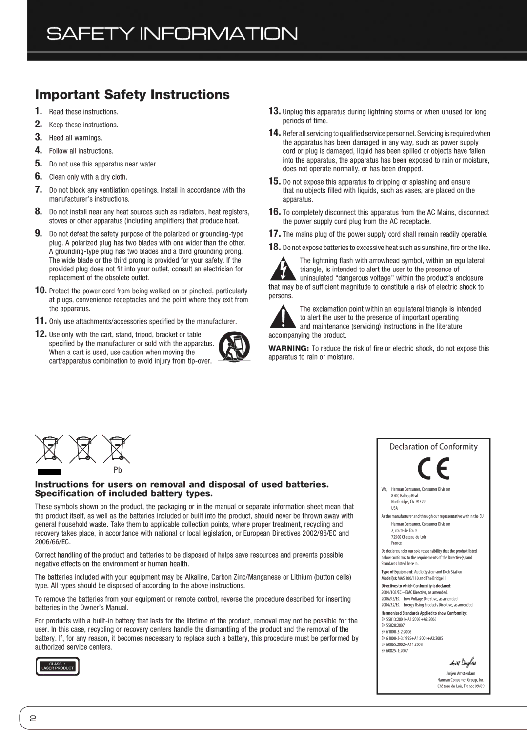 Harman-Kardon MAS 100, MAS 110 owner manual Safety Information, Declaration of Conformity 