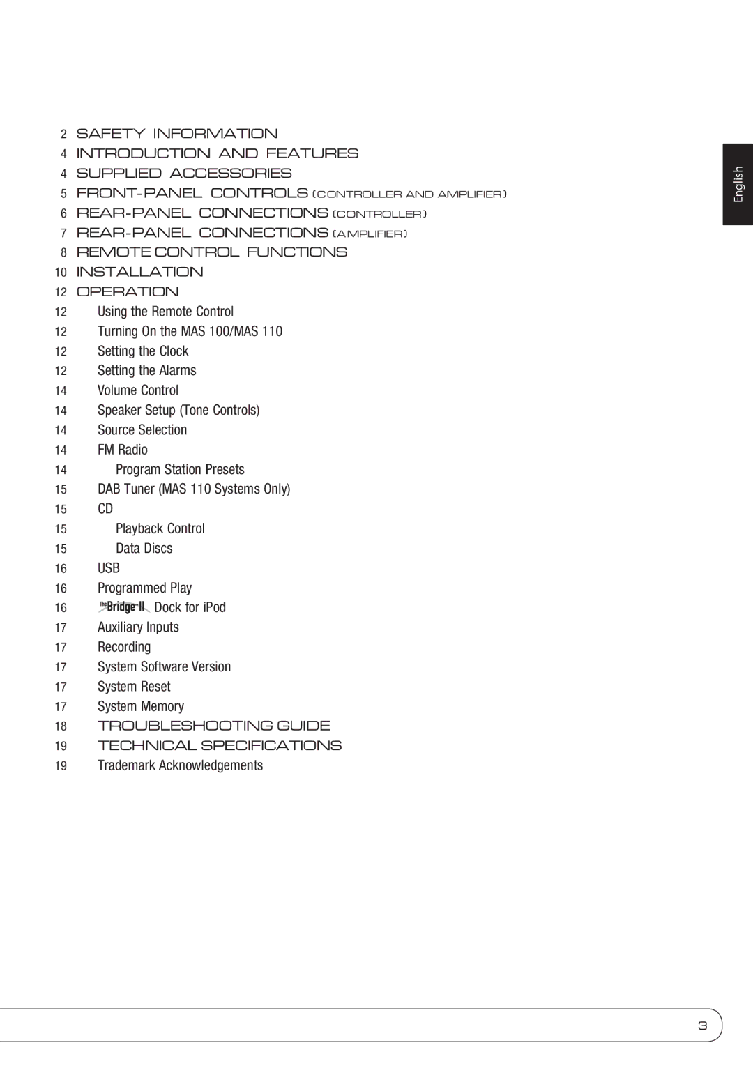 Harman-Kardon MAS 110, MAS 100 owner manual Table of Contents 