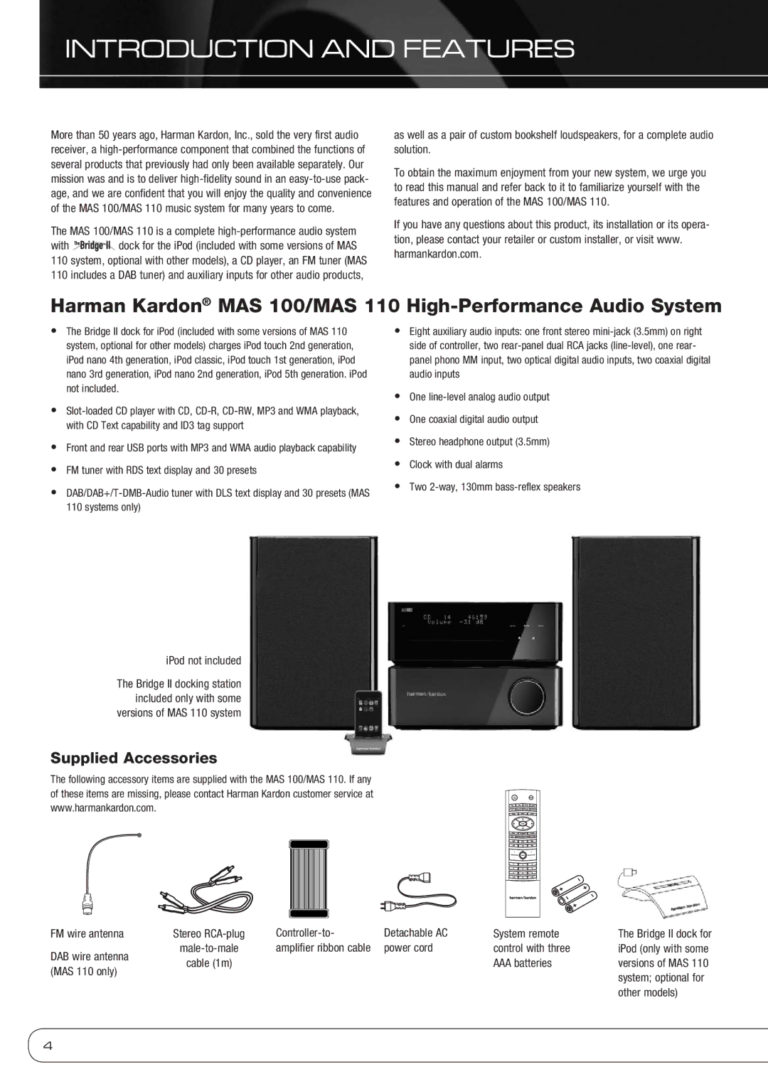 Harman-Kardon MAS 100, MAS 110 owner manual Introduction and Features, Supplied Accessories 