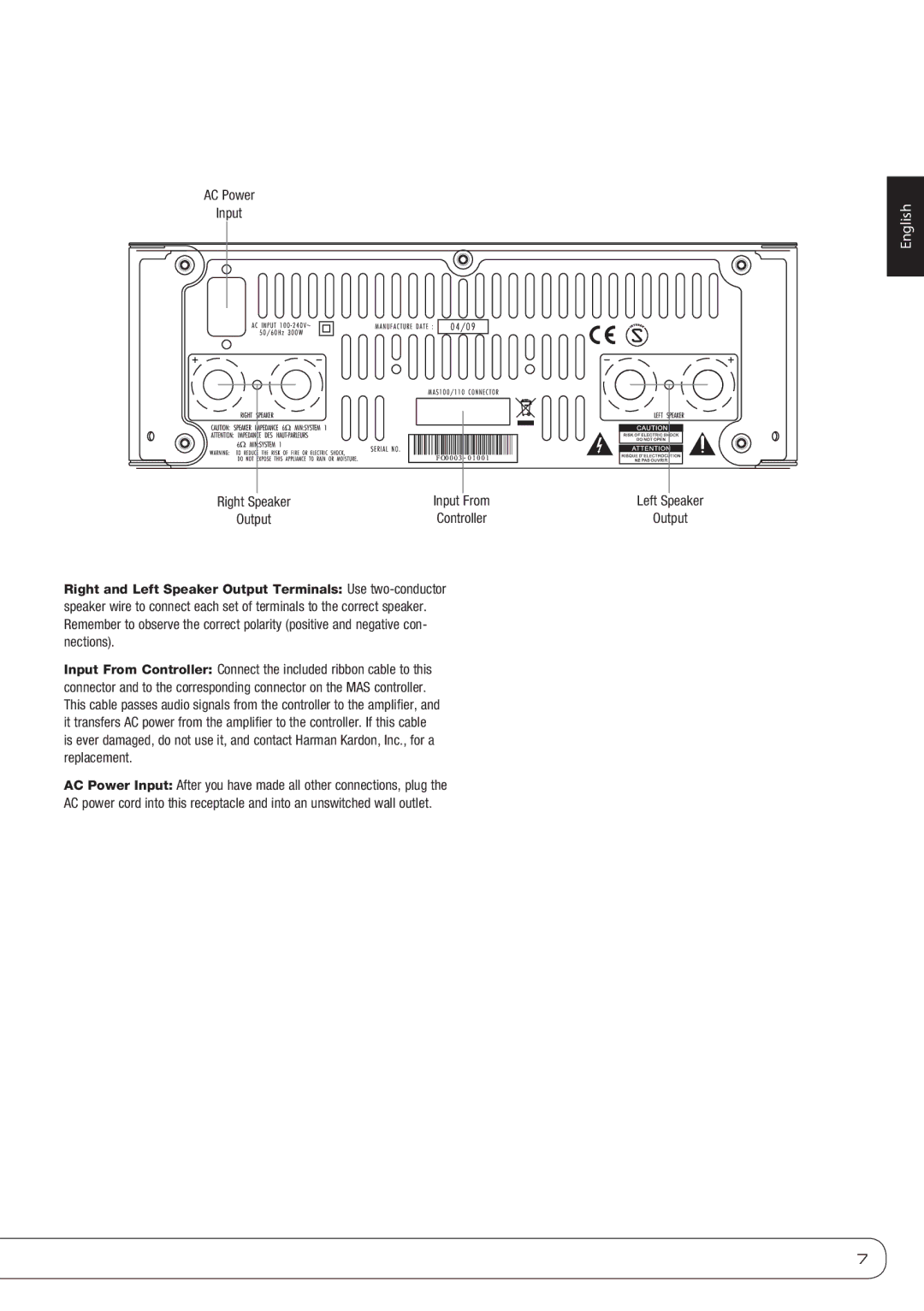 Harman-Kardon MAS 110, MAS 100 owner manual Amplifier, AC Power Input 