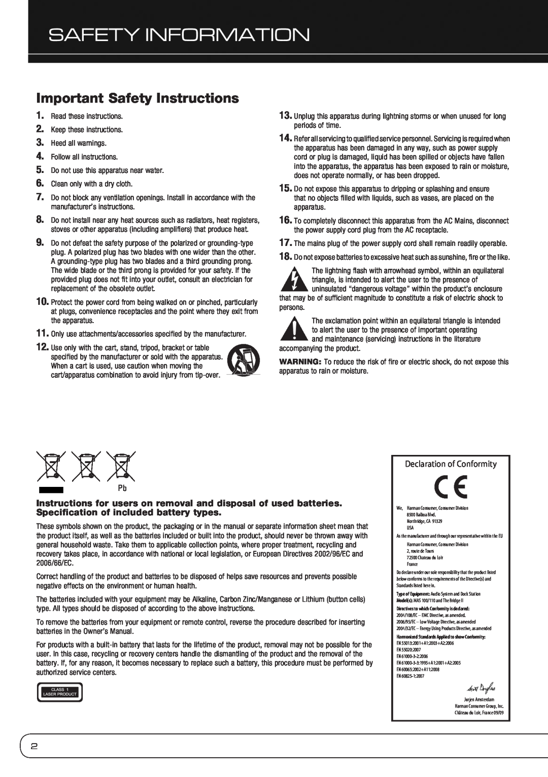 Harman-Kardon MAS 100, MAS 110 owner manual Safety Information, Important Safety Instructions 