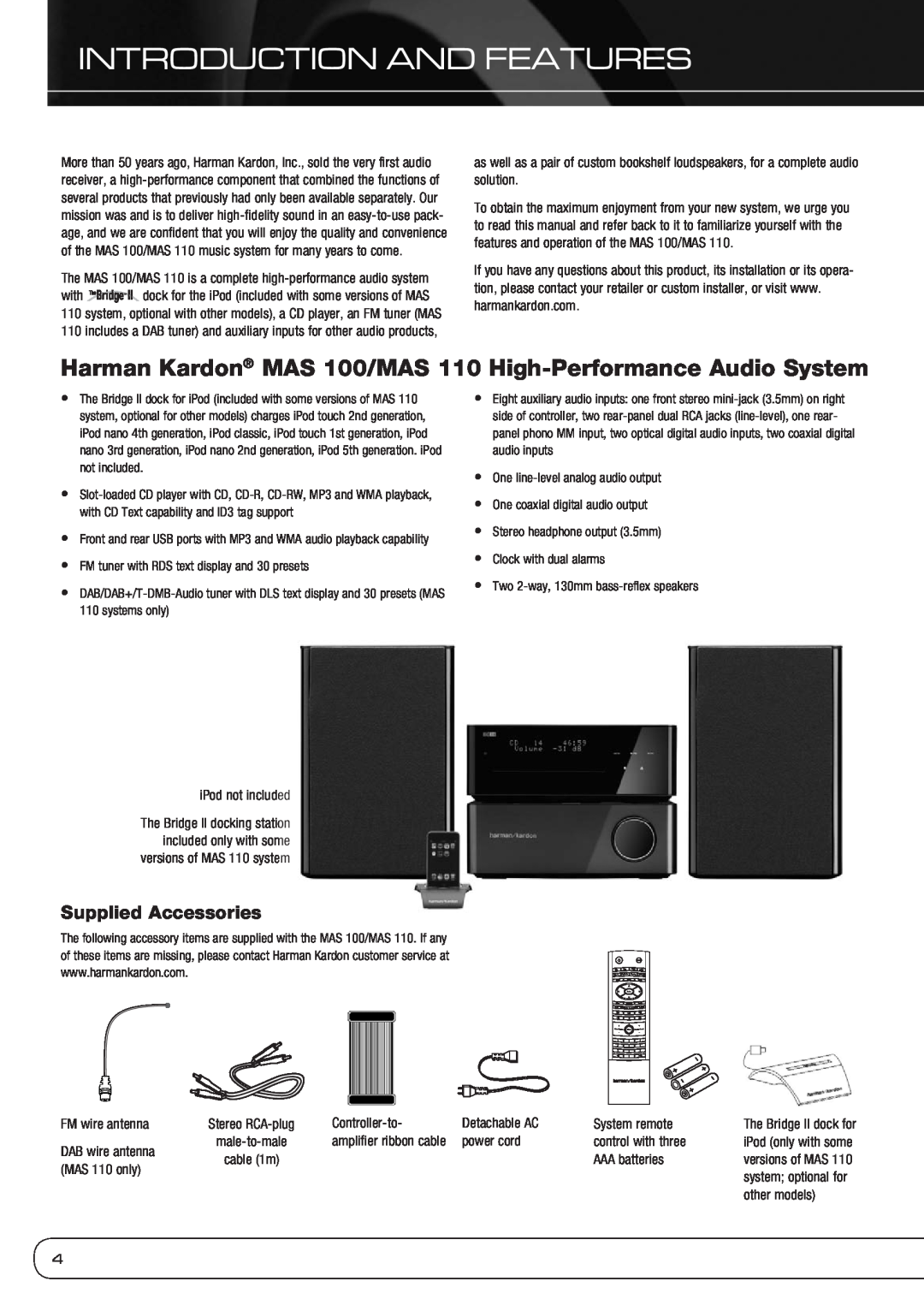 Harman-Kardon MAS 100, MAS 110 owner manual Introduction And Features, Supplied Accessories 