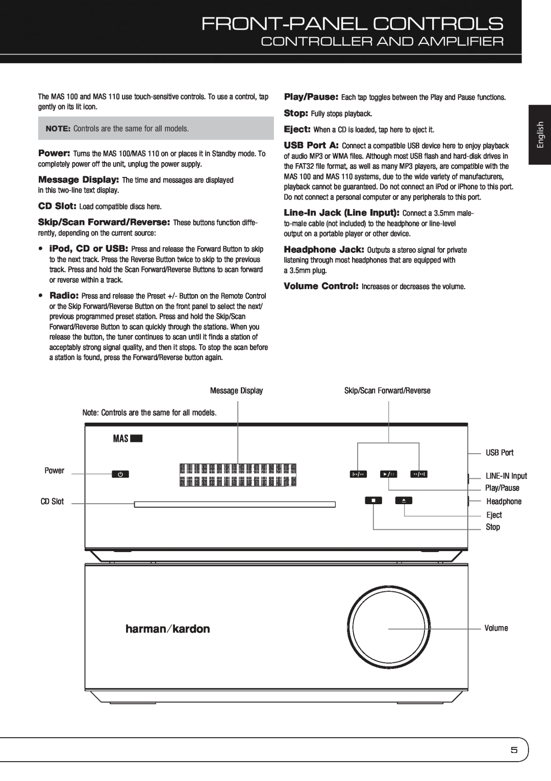 Harman-Kardon MAS 110, MAS 100 owner manual Front-Panelcontrols, Controller And Amplifier, English 