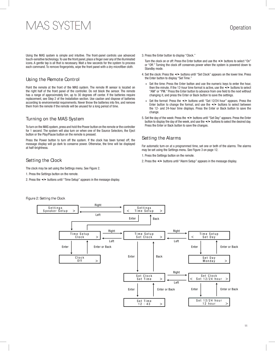 Harman-Kardon MAS 102, MAS 111, MAS 101 Operation, Using the Remote Control, Turning on the MAS System, Setting the Clock 
