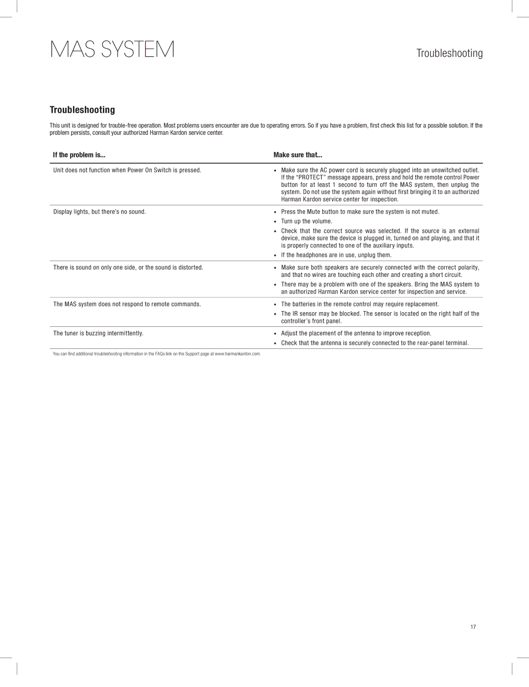 Harman-Kardon MAS 102, MAS 111, MAS 101 owner manual Troubleshooting 