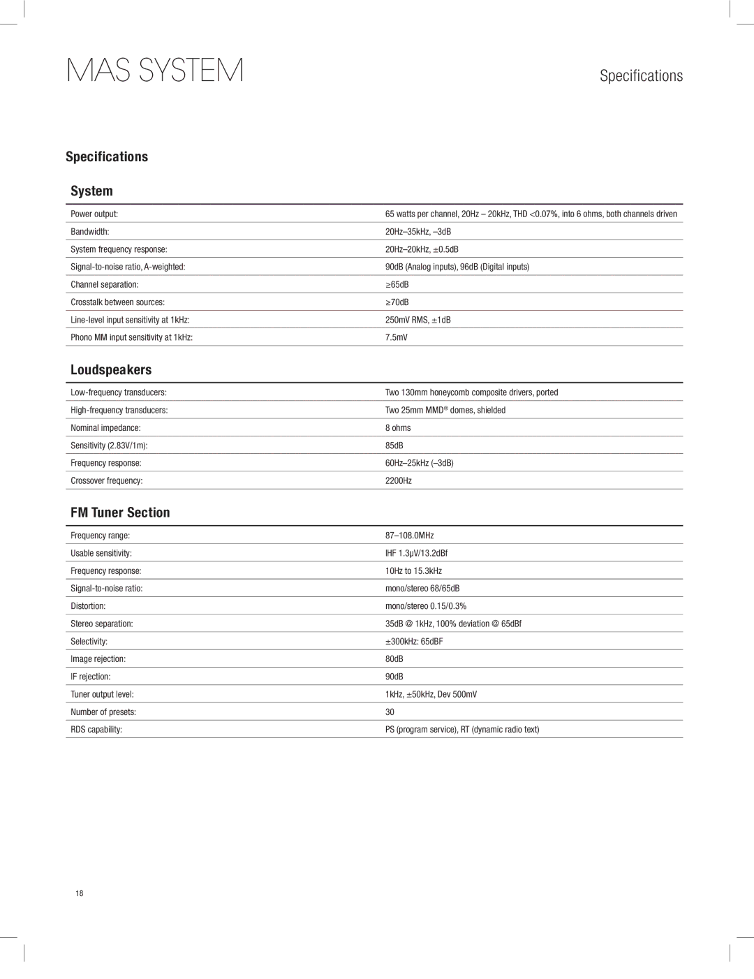 Harman-Kardon MAS 111, MAS 101, MAS 102 owner manual Specifications System, Loudspeakers, FM Tuner Section 