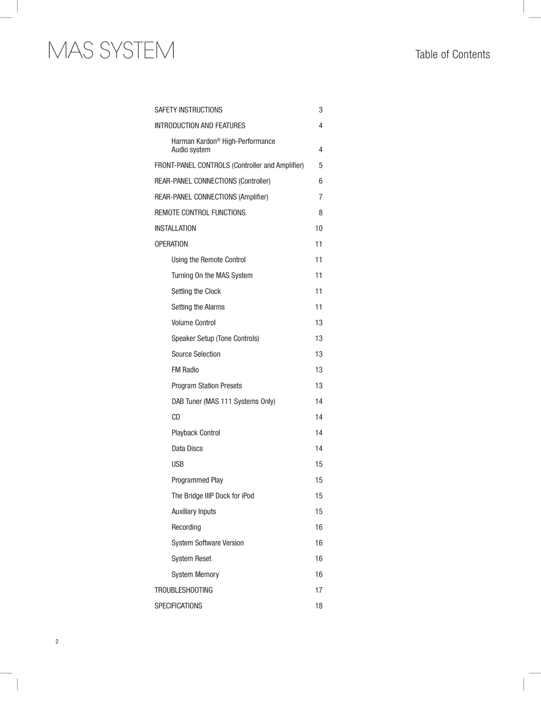 Harman-Kardon MAS 102, MAS 111, MAS 101 owner manual MAS System, Table of Contents 