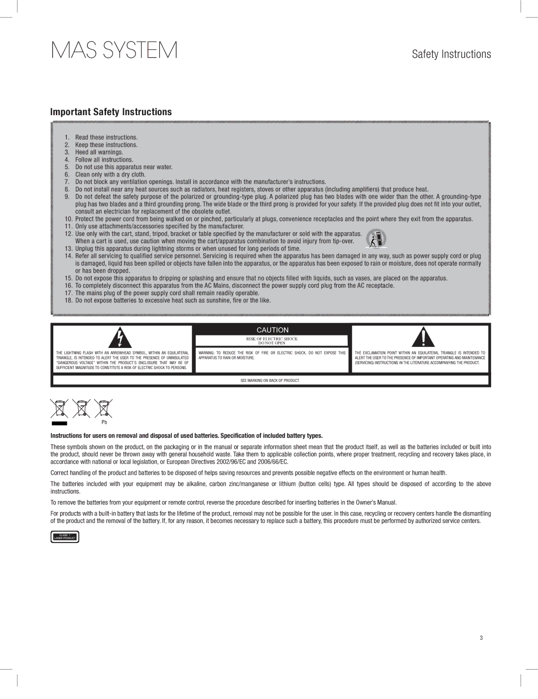 Harman-Kardon MAS 111, MAS 101, MAS 102 owner manual Important Safety Instructions 