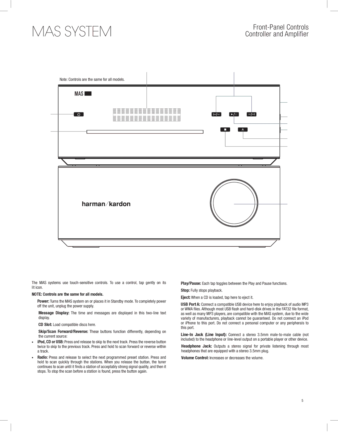 Harman-Kardon MAS 102, MAS 111, MAS 101 owner manual Front-Panel Controls Controller and Amplifier 