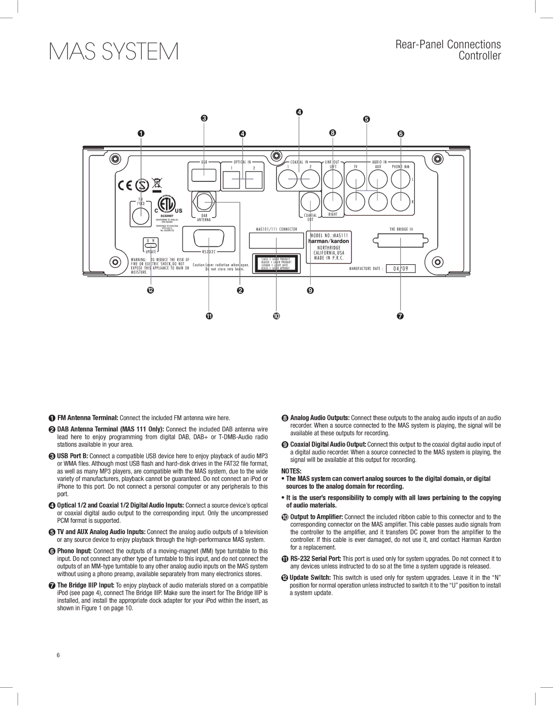 Harman-Kardon MAS 111, MAS 101, MAS 102 owner manual Rear-Panel Connections Controller 