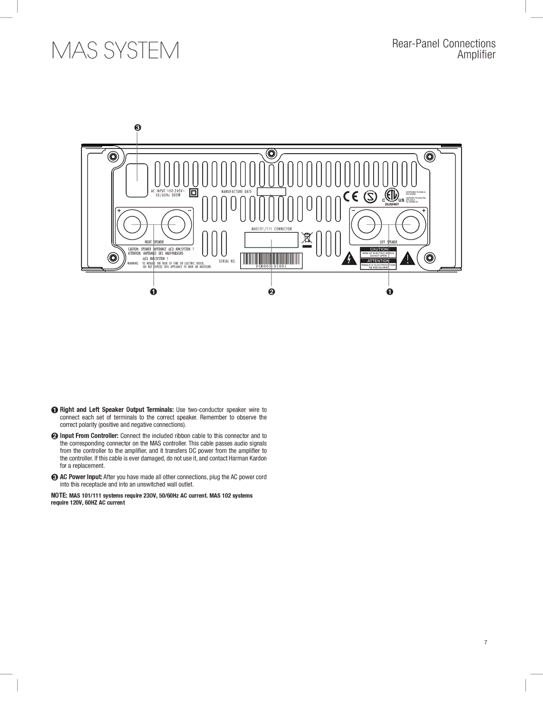 Harman-Kardon MAS 101, MAS 111, MAS 102 owner manual Rear-Panel Connections Amplifier 