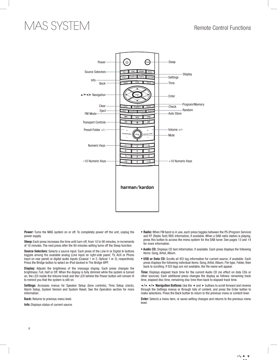 Harman-Kardon MAS 102, MAS 111, MAS 101 owner manual Remote Control Functions 